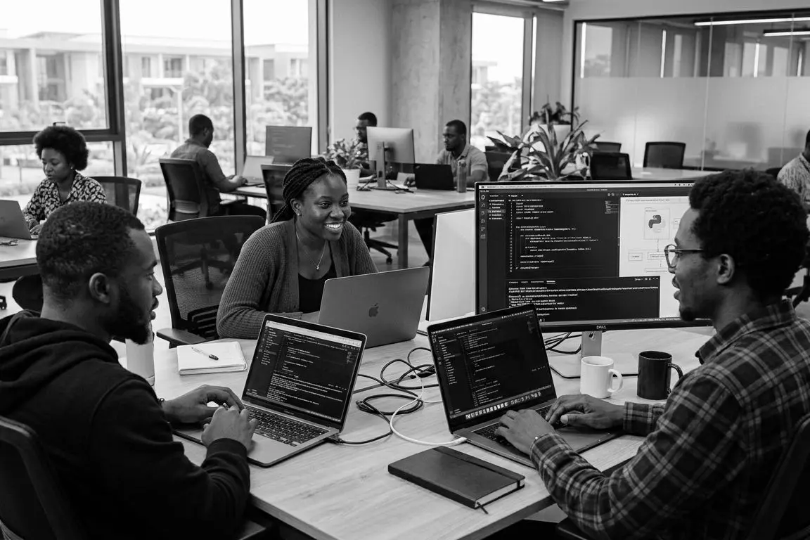 Engineers coding together in an open office